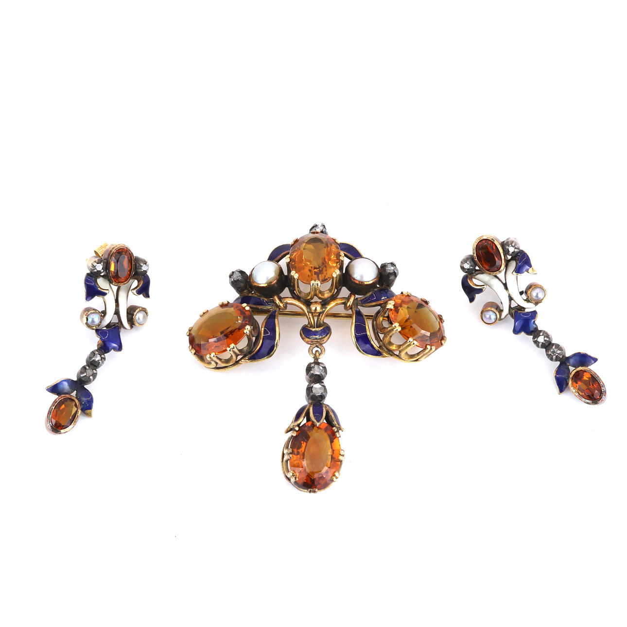 ANTIQUE 19,2CT GOLD DIAMOND, CITRINE & PEARL JEWELLERY SET
