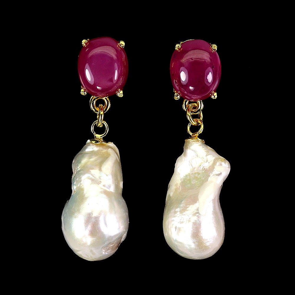 BAROQUE PEARL AND RUBY SILVER EARRINGS