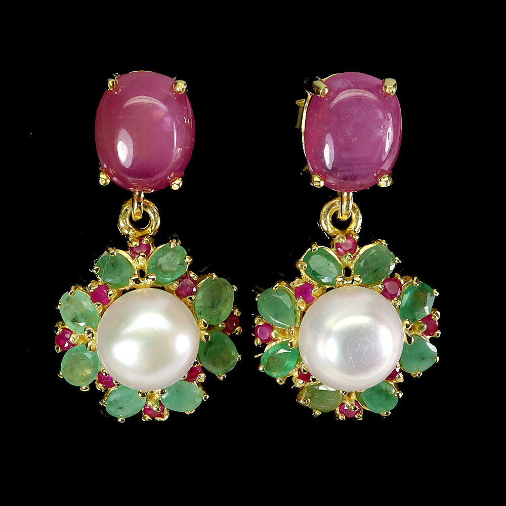 RUBY AND EMERALD PEARL SILVER EARRINGS