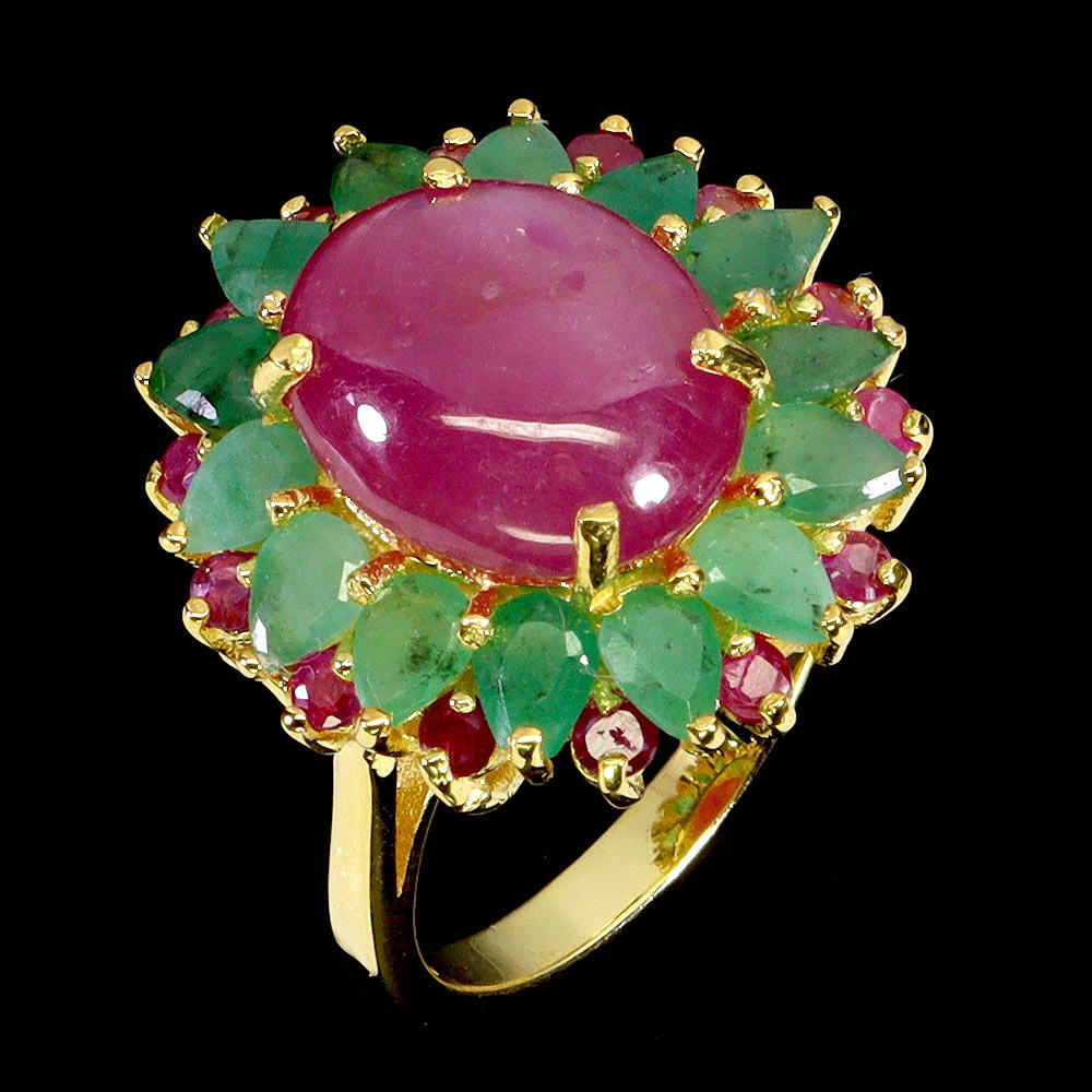 LARGE RUBY AND EMERALD SILVER RING