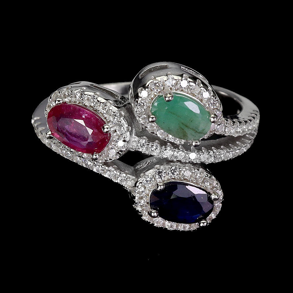 EMERALD, SAPPHIRE AND RUBY SILVER RING