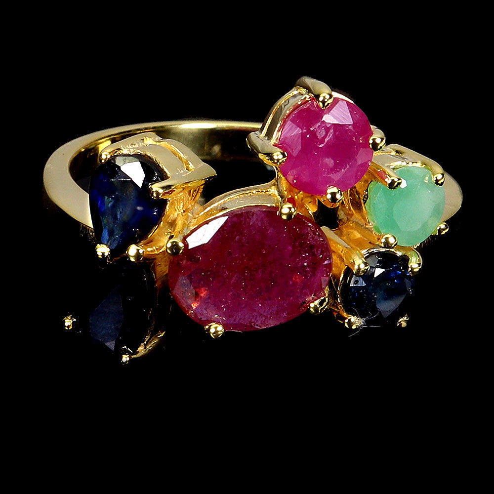 SAPPHIRE, EMERALD AND RUBY SILVER RING